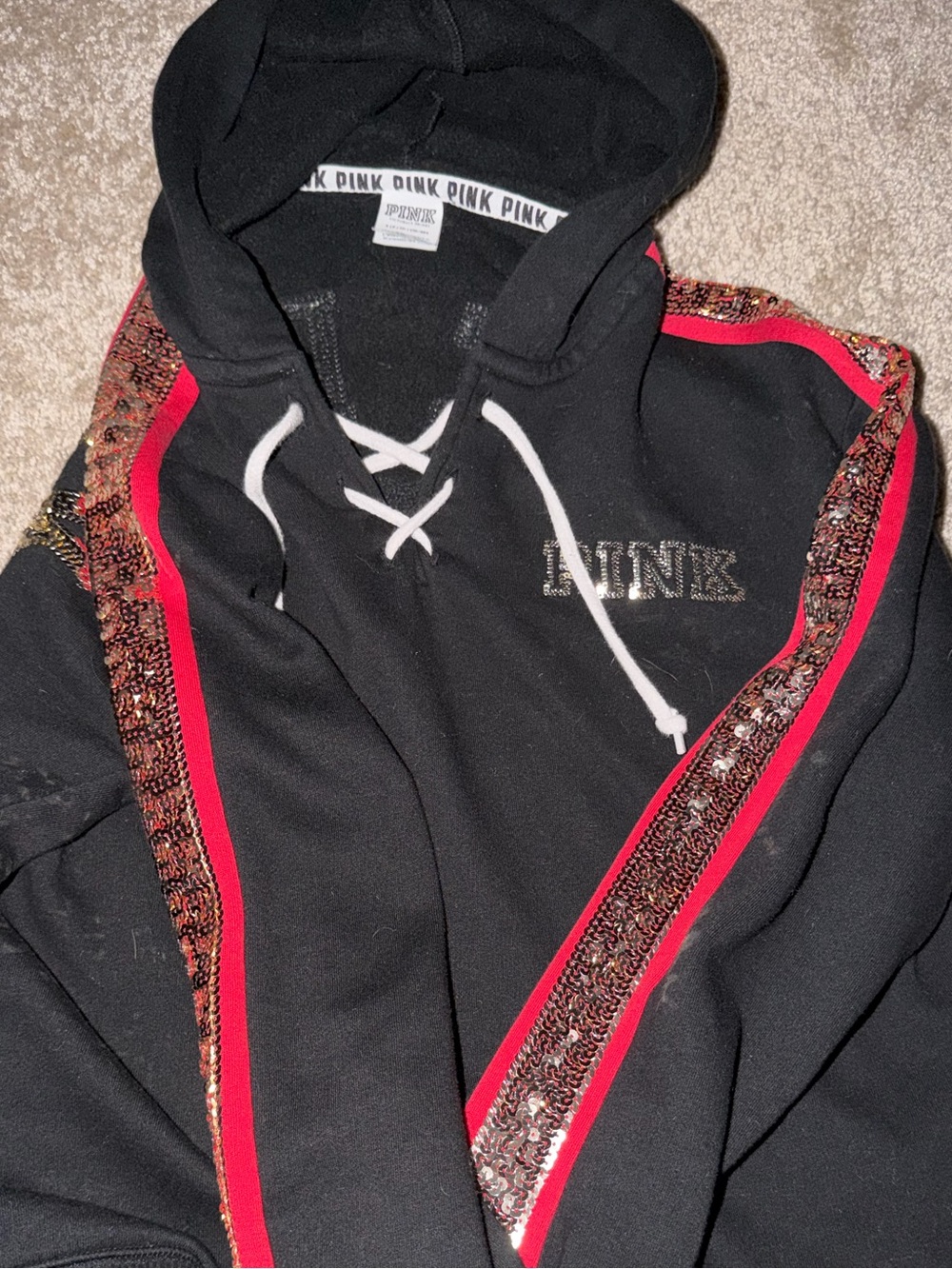 PINK Victoria's Secret Black Hoodie with Pink and Gold Sequin Trim